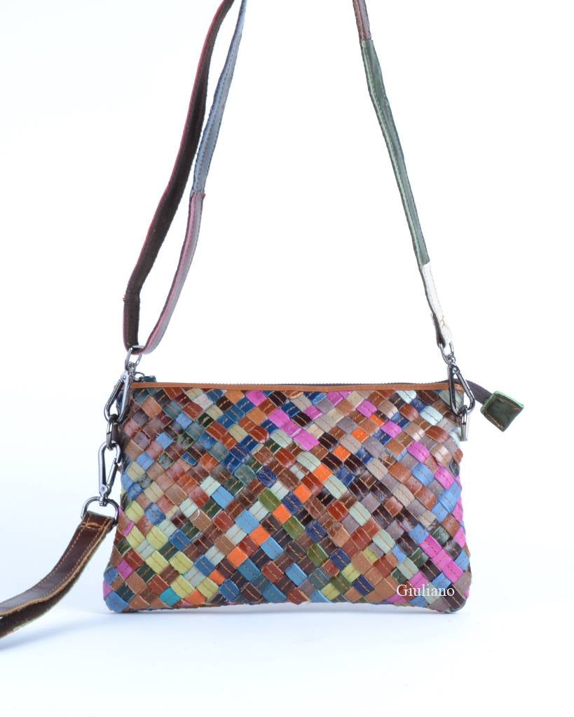 Lederen clutch/schoudertas | Multicolor gevlochten | 552680