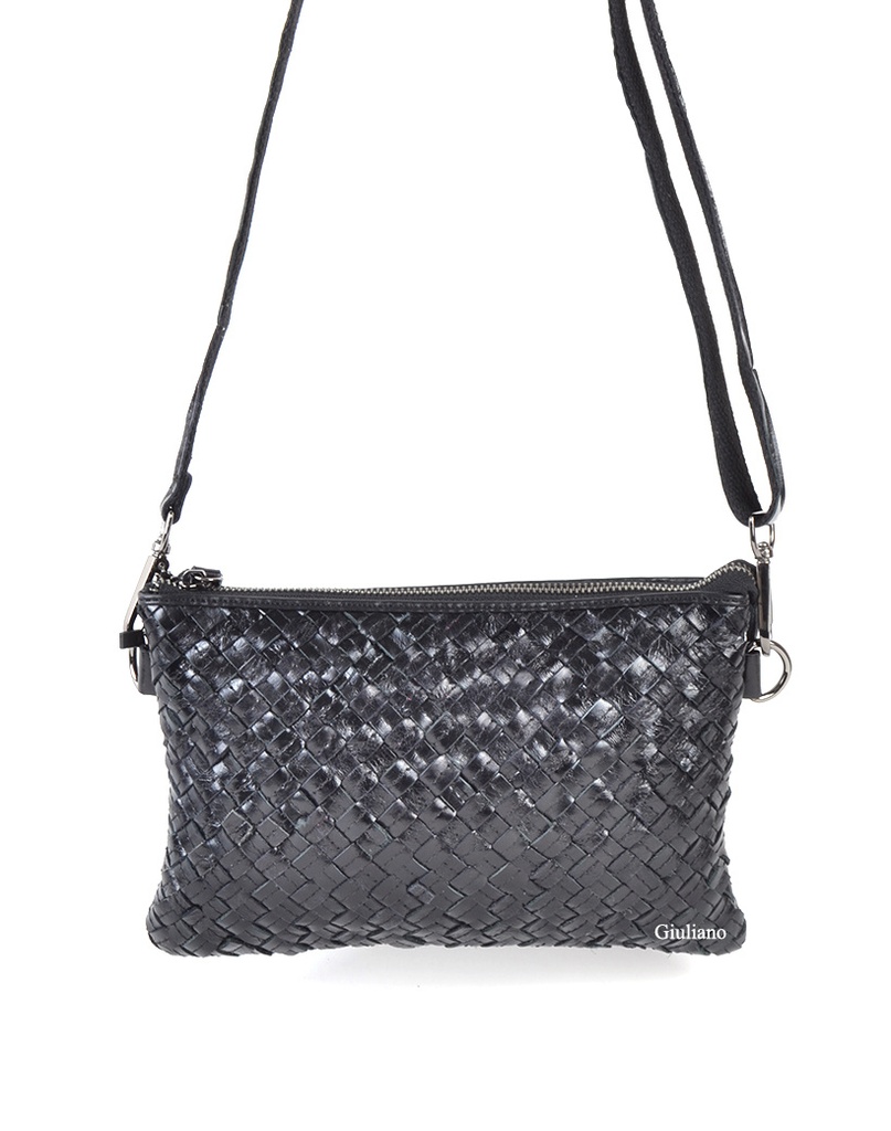Lederen clutch/schoudertas | Zwart gevlochten | 552680