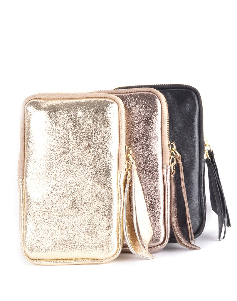 Lederen schoudertasje | Lang Metallic | 552688 (Zwart)