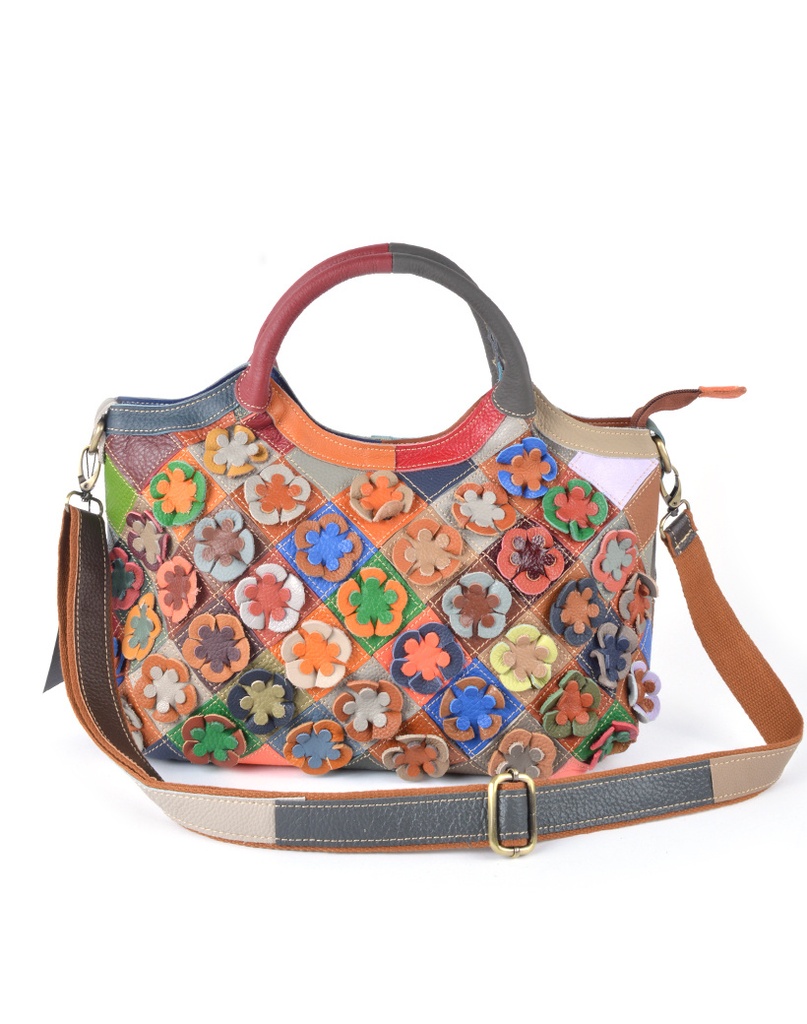 Lederen handtas | Multicolor bloemen geblokt | 552257
