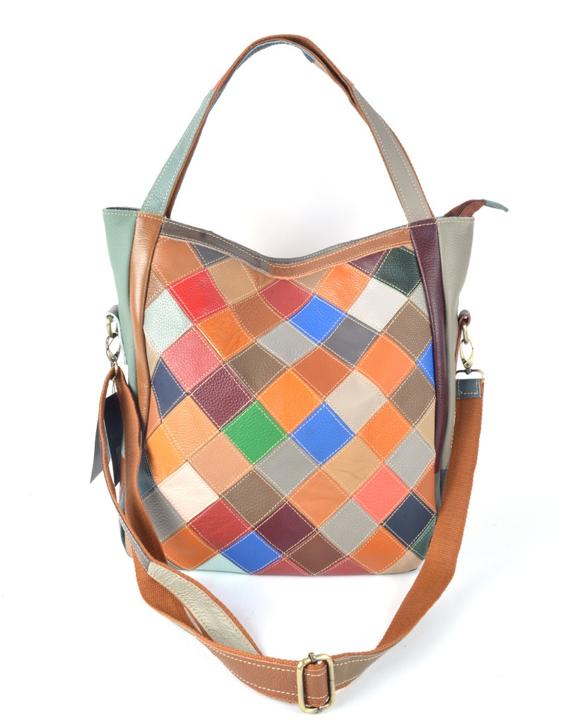 Lederen handtas | Multicolor bloemen geblokt | 552685